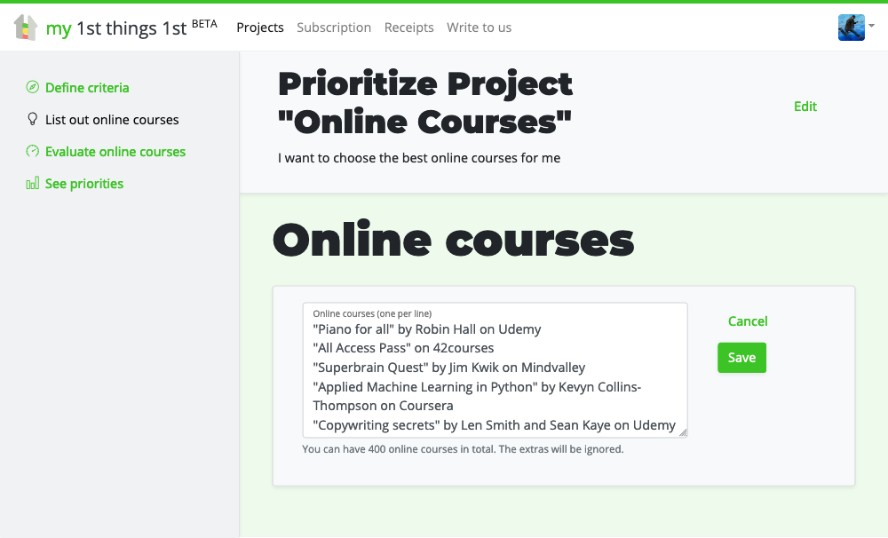 Listing online courses